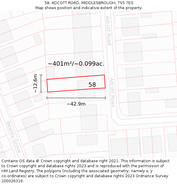 58, ADCOTT ROAD, MIDDLESBROUGH, TS5 7ES: Plot and title map
