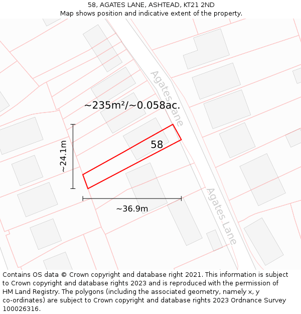 58, AGATES LANE, ASHTEAD, KT21 2ND: Plot and title map