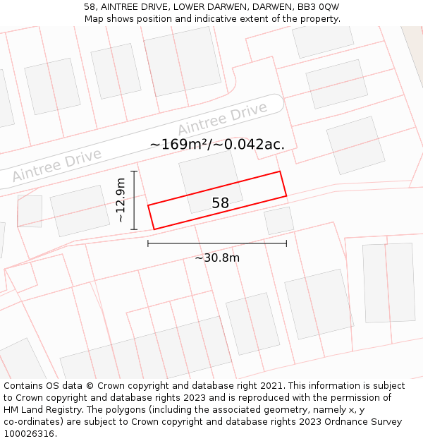 58, AINTREE DRIVE, LOWER DARWEN, DARWEN, BB3 0QW: Plot and title map