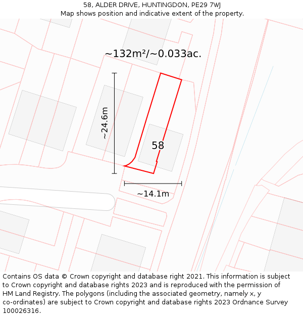 58, ALDER DRIVE, HUNTINGDON, PE29 7WJ: Plot and title map