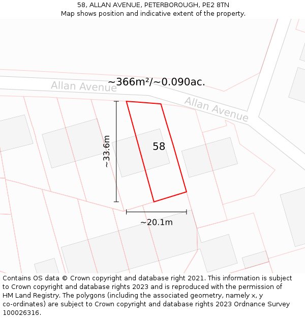 58, ALLAN AVENUE, PETERBOROUGH, PE2 8TN: Plot and title map
