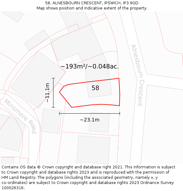 58, ALNESBOURN CRESCENT, IPSWICH, IP3 9GD: Plot and title map
