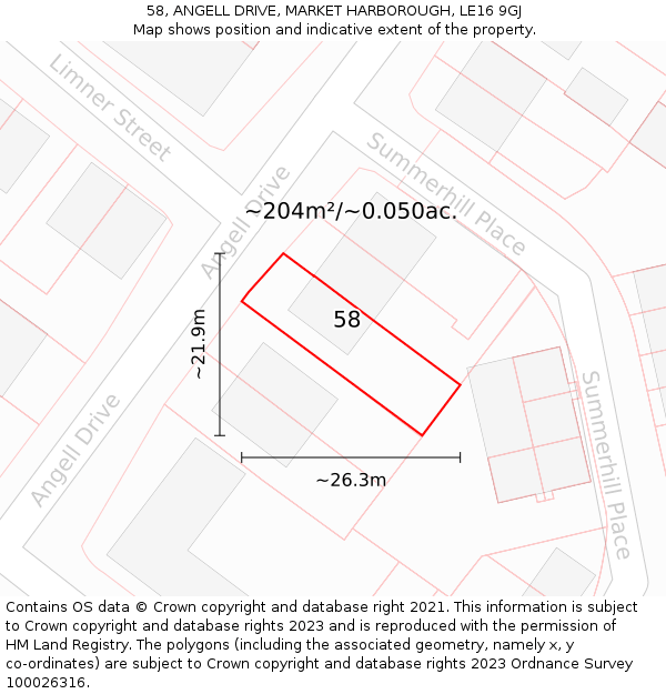 58, ANGELL DRIVE, MARKET HARBOROUGH, LE16 9GJ: Plot and title map