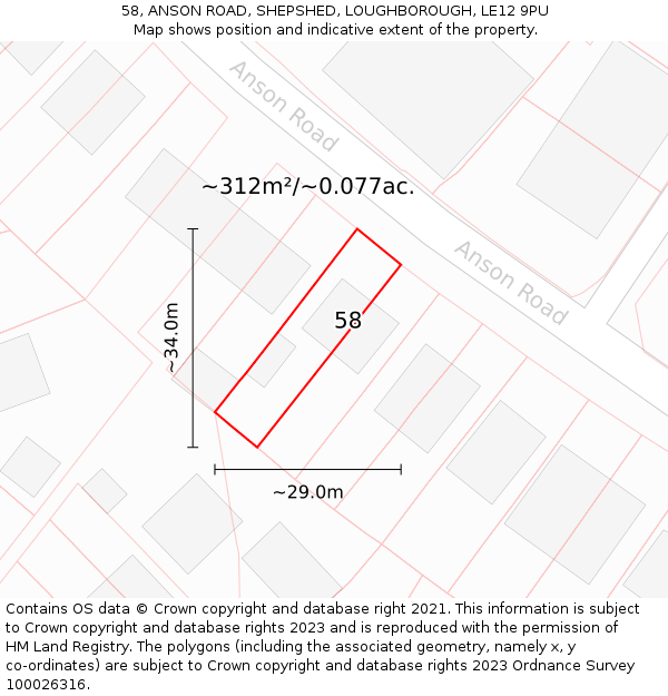 58, ANSON ROAD, SHEPSHED, LOUGHBOROUGH, LE12 9PU: Plot and title map