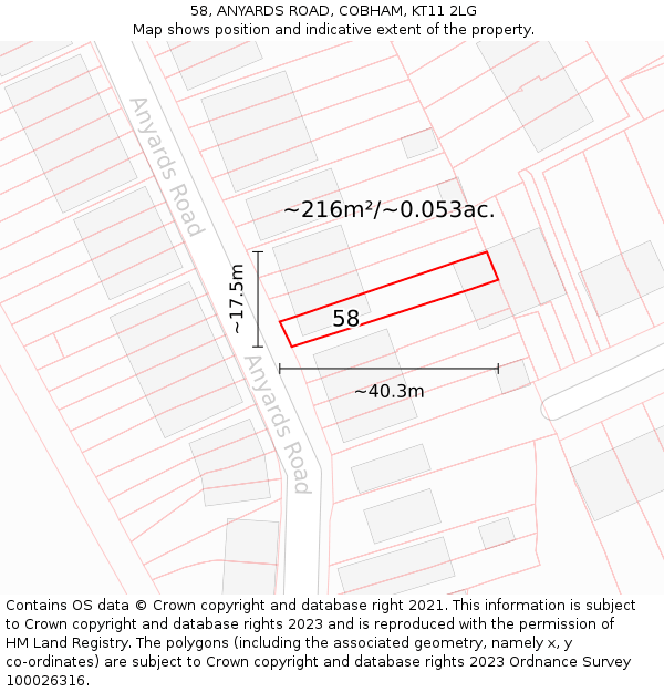 58, ANYARDS ROAD, COBHAM, KT11 2LG: Plot and title map