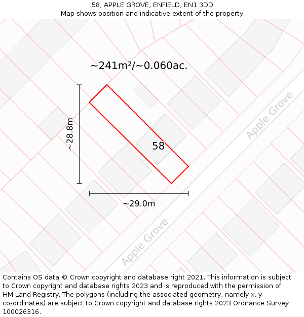 58, APPLE GROVE, ENFIELD, EN1 3DD: Plot and title map