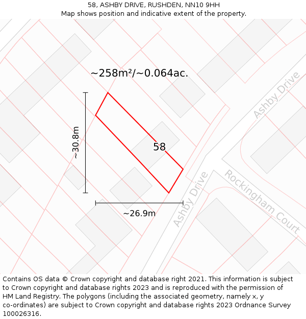 58, ASHBY DRIVE, RUSHDEN, NN10 9HH: Plot and title map
