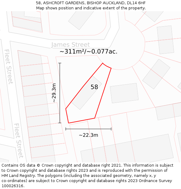 58, ASHCROFT GARDENS, BISHOP AUCKLAND, DL14 6HF: Plot and title map