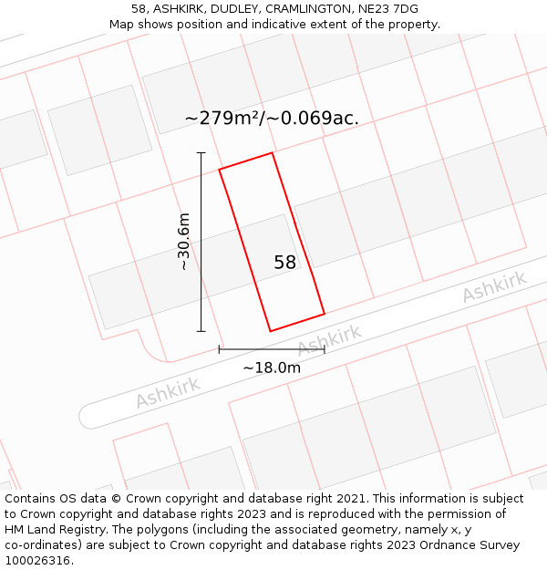 58, ASHKIRK, DUDLEY, CRAMLINGTON, NE23 7DG: Plot and title map