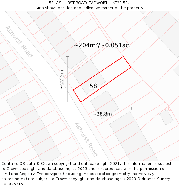 58, ASHURST ROAD, TADWORTH, KT20 5EU: Plot and title map