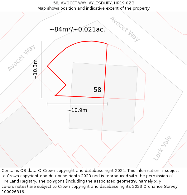 58, AVOCET WAY, AYLESBURY, HP19 0ZB: Plot and title map