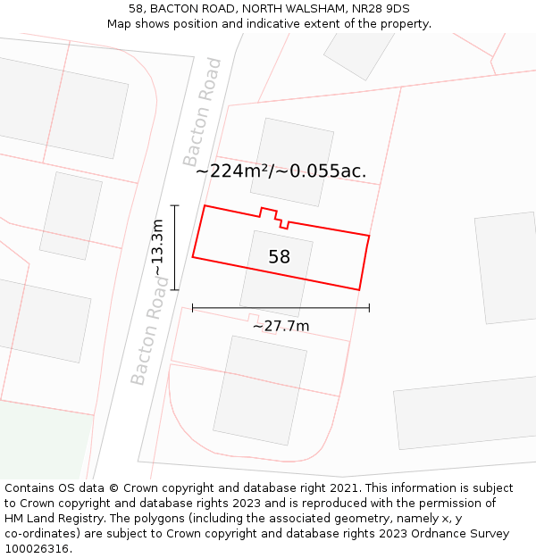 58, BACTON ROAD, NORTH WALSHAM, NR28 9DS: Plot and title map