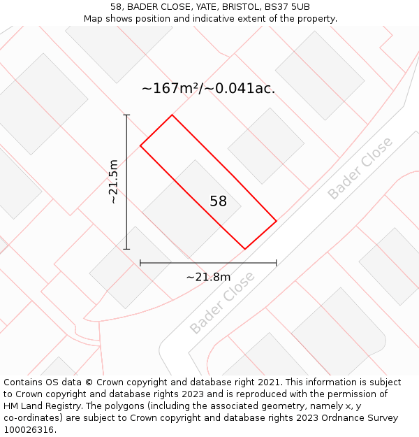 58, BADER CLOSE, YATE, BRISTOL, BS37 5UB: Plot and title map