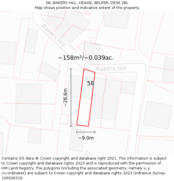 58, BAKERS HILL, HEAGE, BELPER, DE56 2BL: Plot and title map