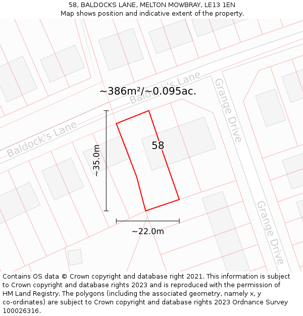 58, BALDOCKS LANE, MELTON MOWBRAY, LE13 1EN: Plot and title map