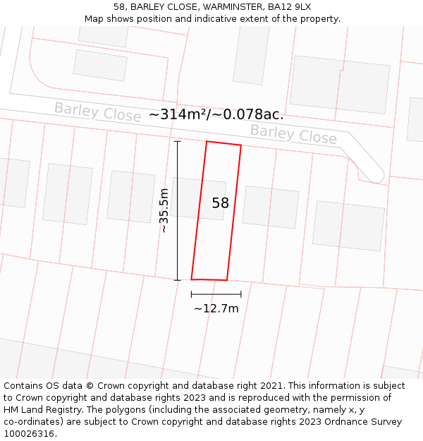 58, BARLEY CLOSE, WARMINSTER, BA12 9LX: Plot and title map