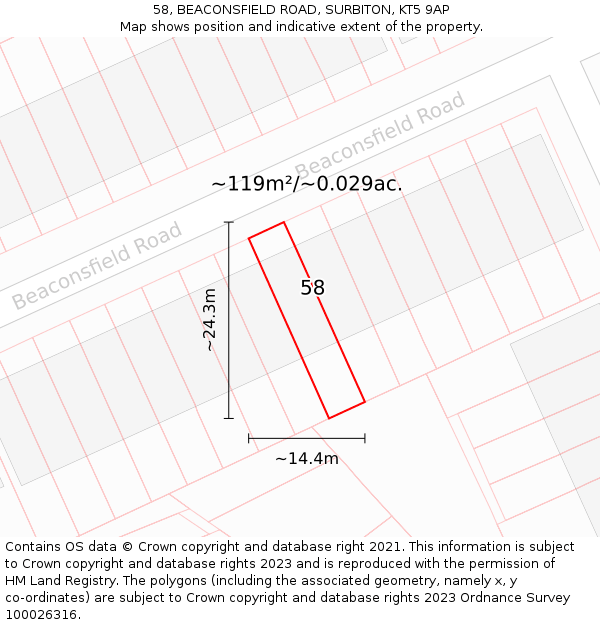 58, BEACONSFIELD ROAD, SURBITON, KT5 9AP: Plot and title map