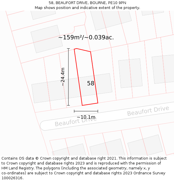 58, BEAUFORT DRIVE, BOURNE, PE10 9PN: Plot and title map