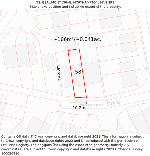 58, BEAUMONT DRIVE, NORTHAMPTON, NN3 8PS: Plot and title map