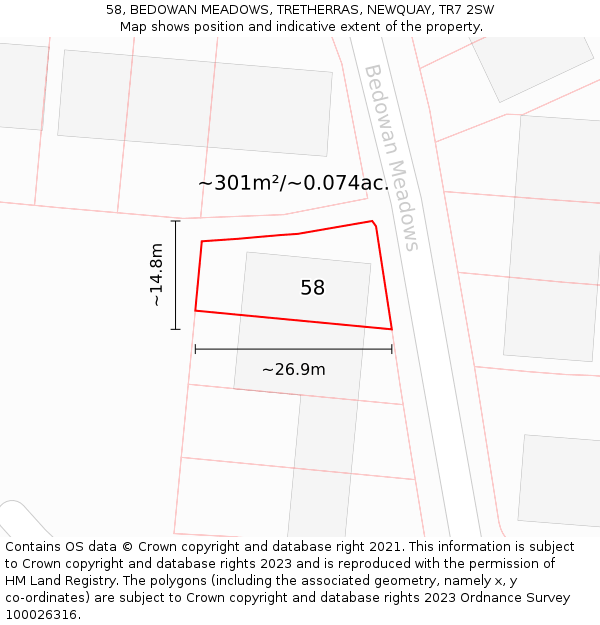 58, BEDOWAN MEADOWS, TRETHERRAS, NEWQUAY, TR7 2SW: Plot and title map