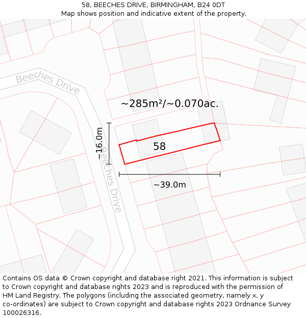 58, BEECHES DRIVE, BIRMINGHAM, B24 0DT: Plot and title map