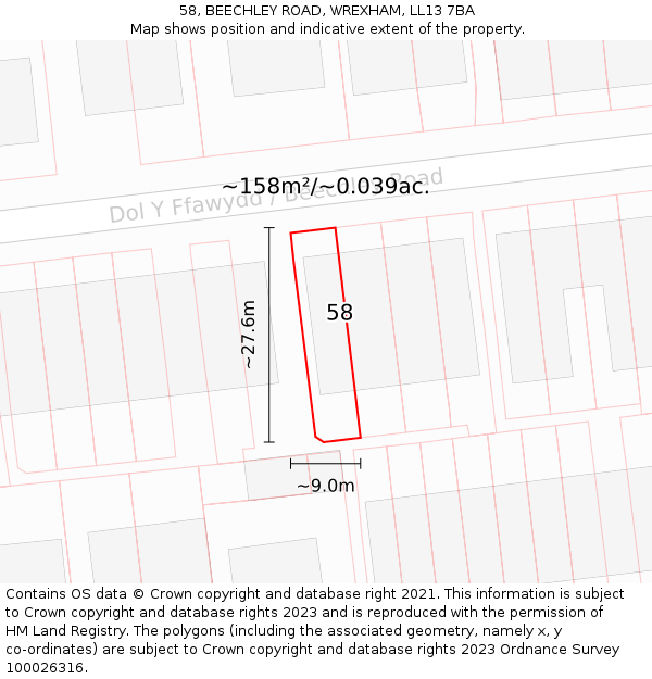 58, BEECHLEY ROAD, WREXHAM, LL13 7BA: Plot and title map