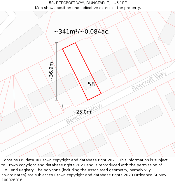 58, BEECROFT WAY, DUNSTABLE, LU6 1EE: Plot and title map