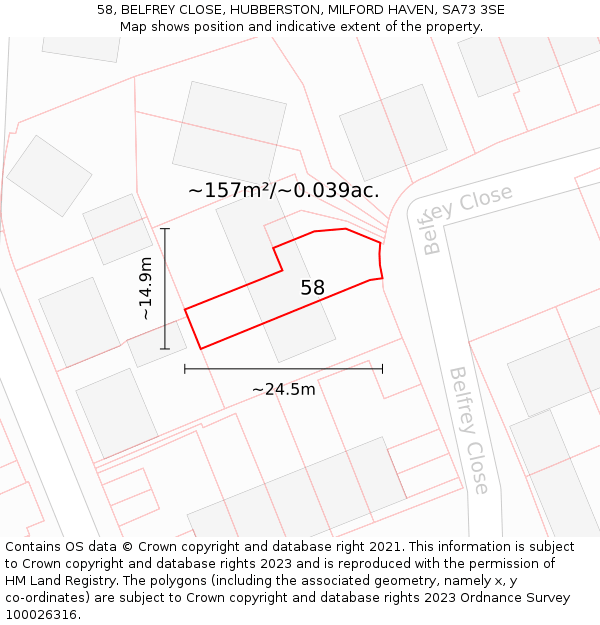 58, BELFREY CLOSE, HUBBERSTON, MILFORD HAVEN, SA73 3SE: Plot and title map