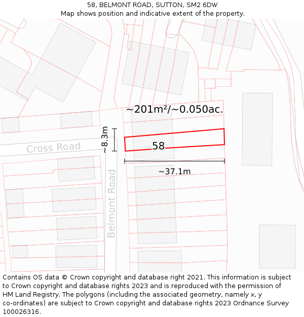 58, BELMONT ROAD, SUTTON, SM2 6DW: Plot and title map