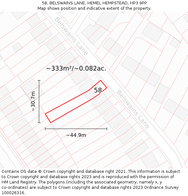 58, BELSWAINS LANE, HEMEL HEMPSTEAD, HP3 9PP: Plot and title map