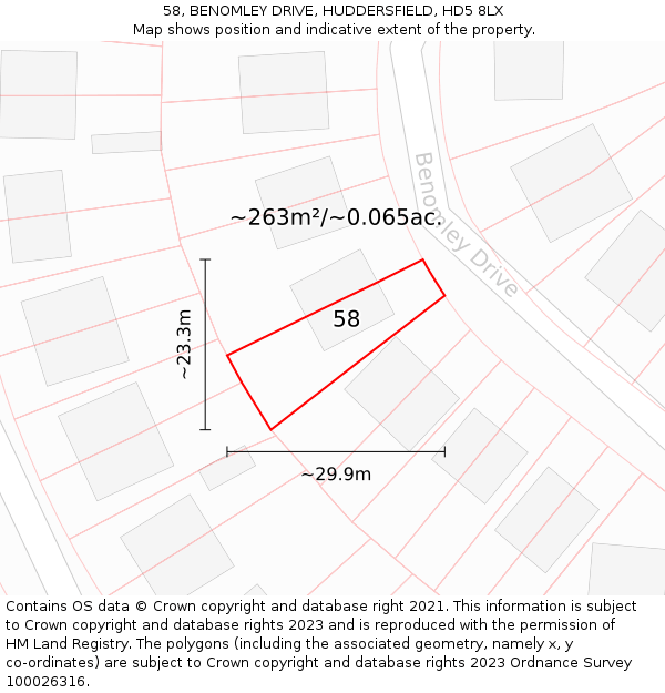 58, BENOMLEY DRIVE, HUDDERSFIELD, HD5 8LX: Plot and title map