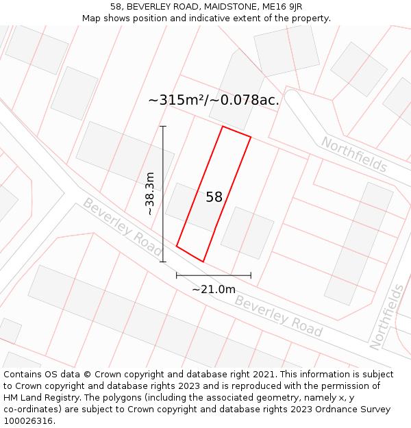 58, BEVERLEY ROAD, MAIDSTONE, ME16 9JR: Plot and title map