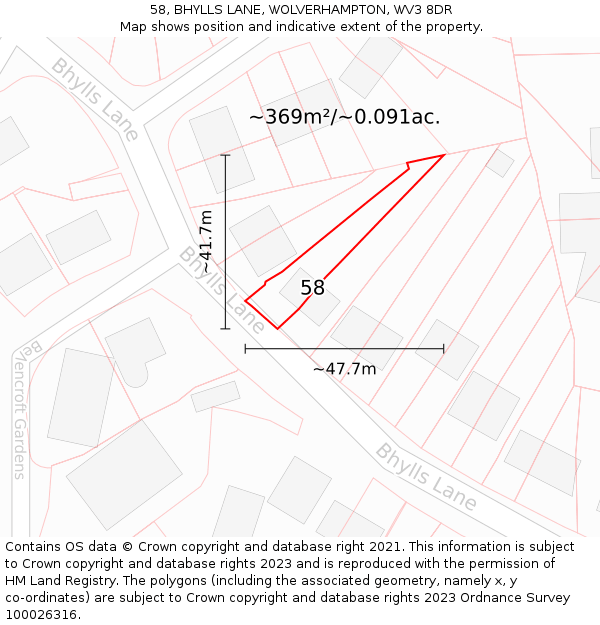 58, BHYLLS LANE, WOLVERHAMPTON, WV3 8DR: Plot and title map