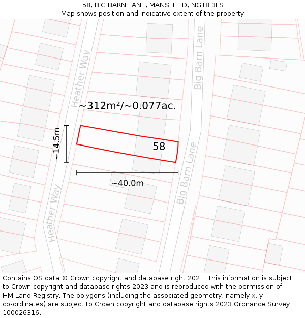 58, BIG BARN LANE, MANSFIELD, NG18 3LS: Plot and title map