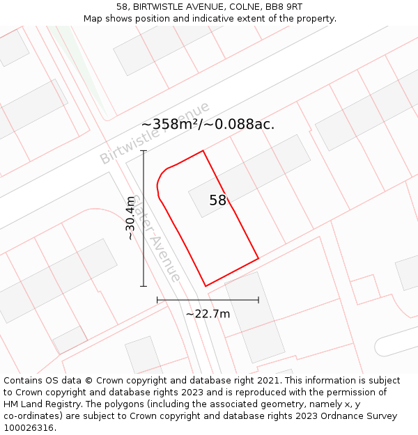 58, BIRTWISTLE AVENUE, COLNE, BB8 9RT: Plot and title map