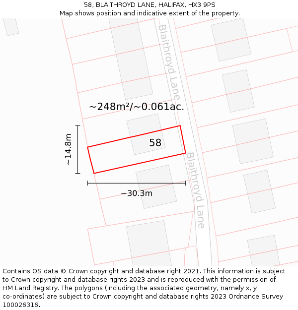 58, BLAITHROYD LANE, HALIFAX, HX3 9PS: Plot and title map