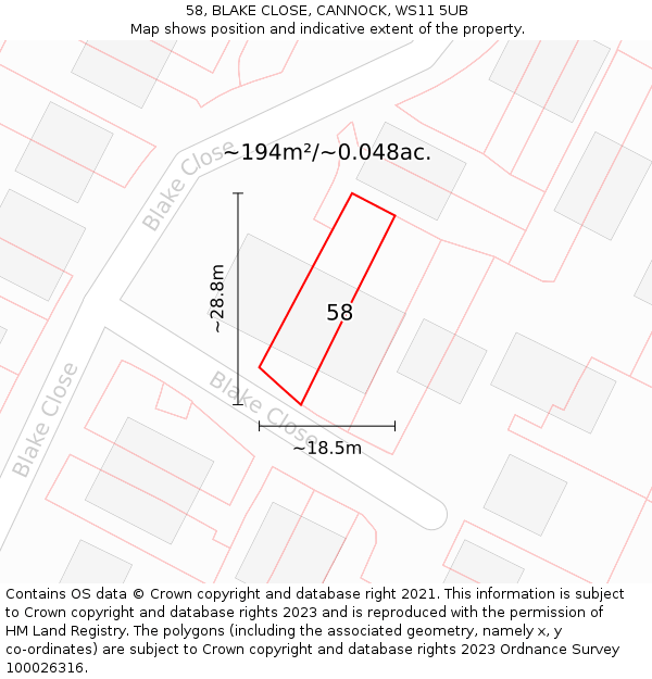 58, BLAKE CLOSE, CANNOCK, WS11 5UB: Plot and title map