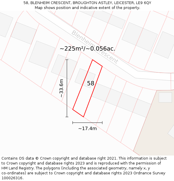 58, BLENHEIM CRESCENT, BROUGHTON ASTLEY, LEICESTER, LE9 6QY: Plot and title map
