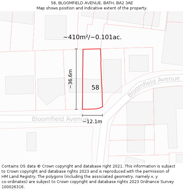 58, BLOOMFIELD AVENUE, BATH, BA2 3AE: Plot and title map