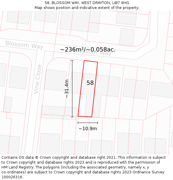 58, BLOSSOM WAY, WEST DRAYTON, UB7 9HG: Plot and title map