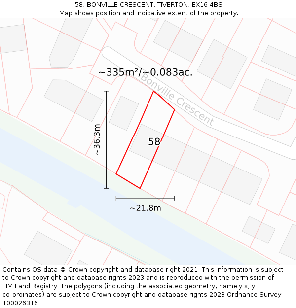 58, BONVILLE CRESCENT, TIVERTON, EX16 4BS: Plot and title map