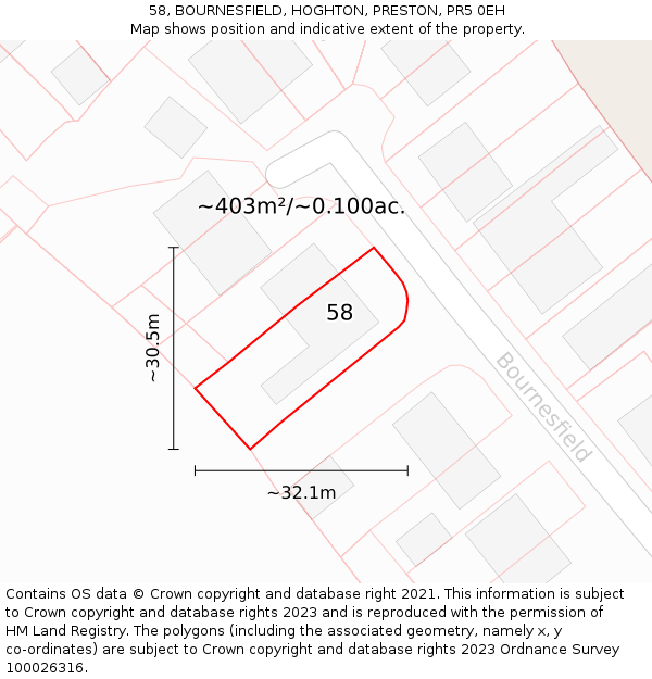 58, BOURNESFIELD, HOGHTON, PRESTON, PR5 0EH: Plot and title map