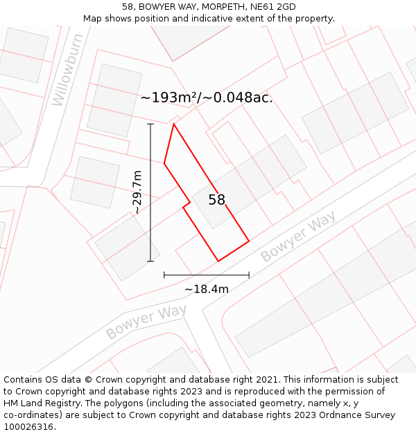 58, BOWYER WAY, MORPETH, NE61 2GD: Plot and title map