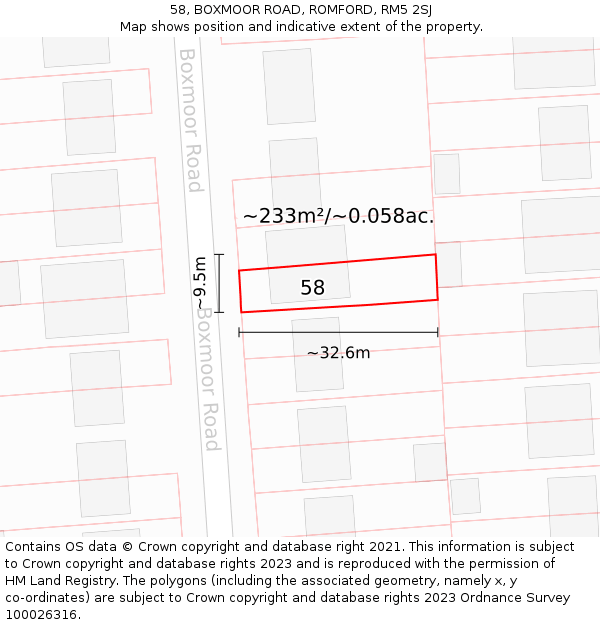 58, BOXMOOR ROAD, ROMFORD, RM5 2SJ: Plot and title map