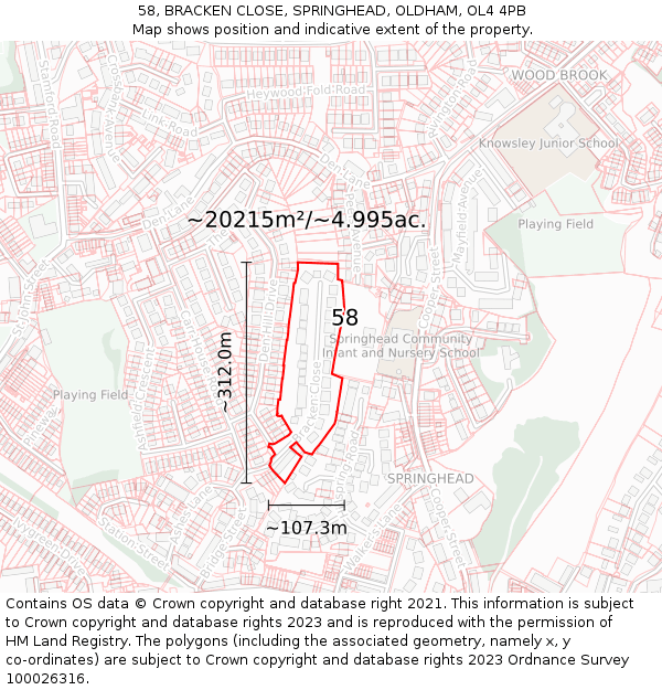 58, BRACKEN CLOSE, SPRINGHEAD, OLDHAM, OL4 4PB: Plot and title map