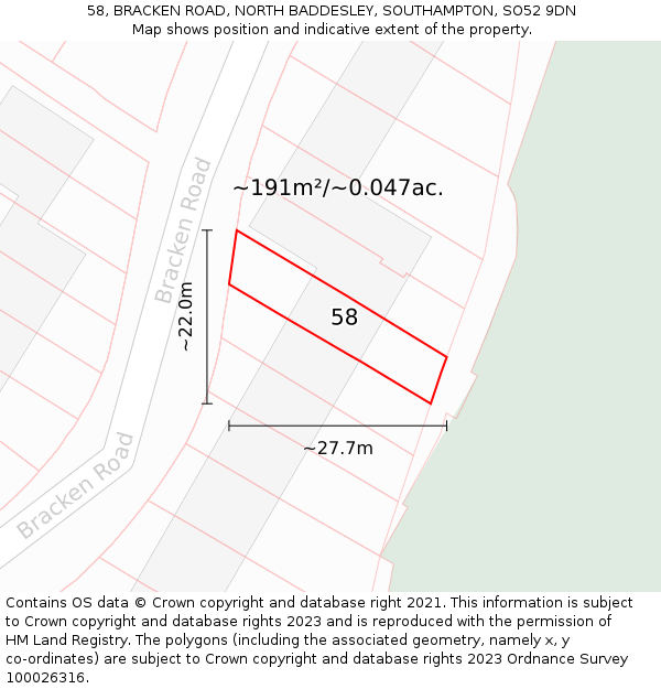 58, BRACKEN ROAD, NORTH BADDESLEY, SOUTHAMPTON, SO52 9DN: Plot and title map