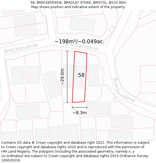 58, BRACKENDENE, BRADLEY STOKE, BRISTOL, BS32 9DH: Plot and title map