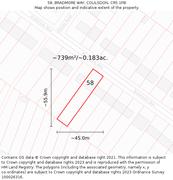 58, BRADMORE WAY, COULSDON, CR5 1PB: Plot and title map