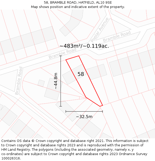 58, BRAMBLE ROAD, HATFIELD, AL10 9SE: Plot and title map