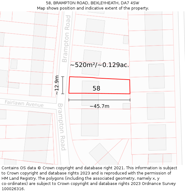 58, BRAMPTON ROAD, BEXLEYHEATH, DA7 4SW: Plot and title map